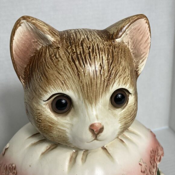 Vintage Ceramic Cookie Jar Kitty Cat in Dress Book Flowers Beautiful Eyes Japan - Picture 2 of 12